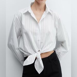 Mango White & Black Striped Tie Front Cropped Blouse Size 8